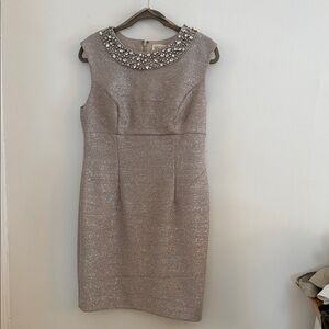 Eliza J Shimmery Taupe Beaded Collar Mini Dress